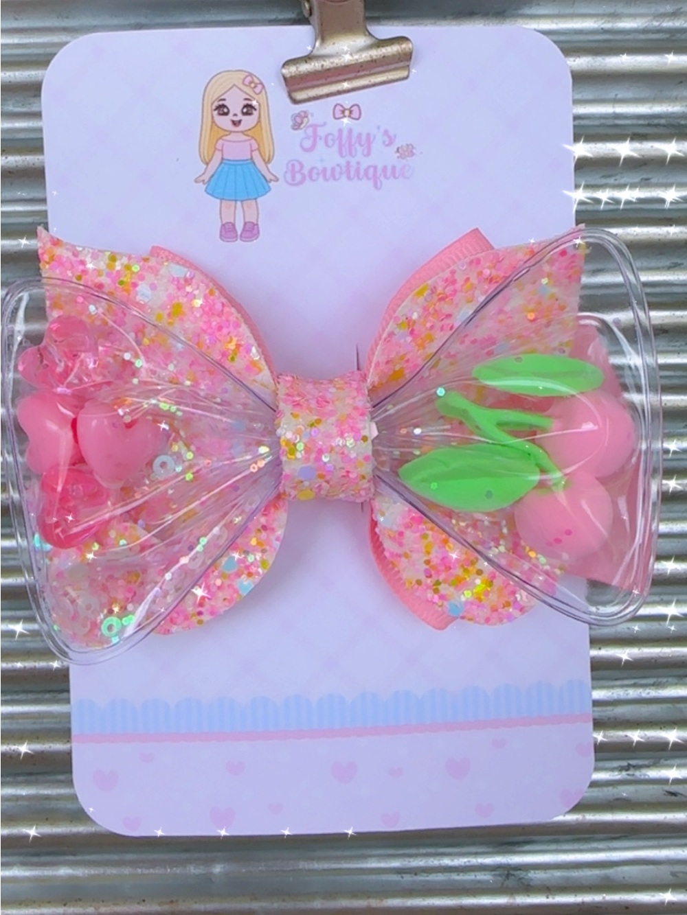 Pink Cherry Glitter Bow Hair Clip